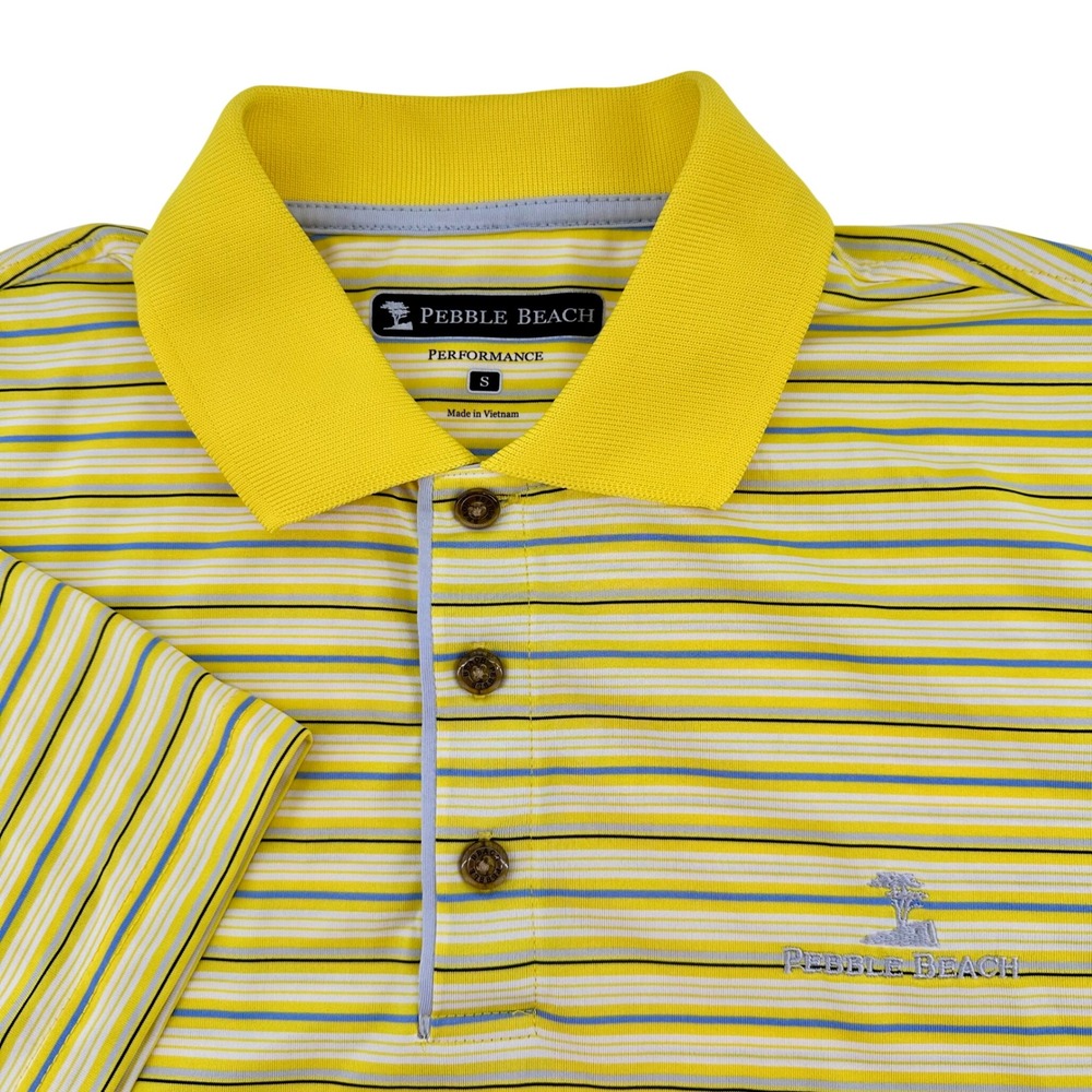 Pebble‎ Beach Performance Mens Small Yellow Striped Short Sleeve Golf Polo Shirt